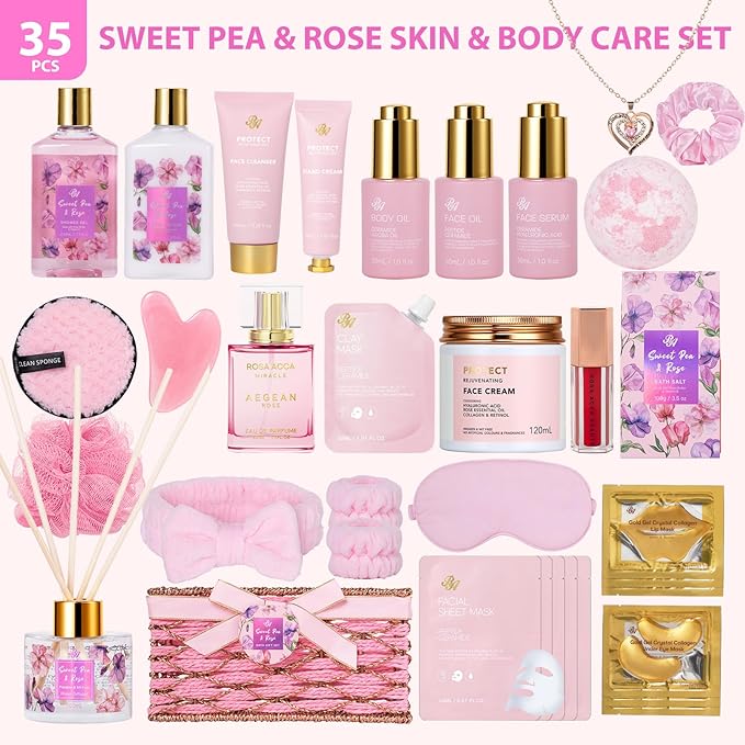 35 Pcs Mothers Day Gifts for Mom, Rose Bath & Body Gift Basket for Women, Facial Skin Care Set, Self Care Pampering Kit, Face Sheet Mask, Home Spa Basket, Anniversary, Wife, Birthday, Bridal Shower