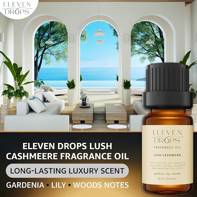 Lush Cashmere Fragrance Oil | Gardenia, Lily & Woods Notes | Long Lasting Scent Reed Diffuser Oil for Home, Office, Hotel, Spa, Car & Linen Spray | Pet Friendly IFRA Compliant, 10 ml
