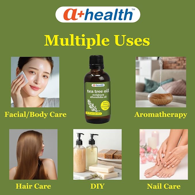 A+Health Tea Tree Essential Oil 100% Pure 2 fl oz Melaleuca Alternifolia | Undiluted Melaleuca Alternifolia Essential Oil, Made in USA, Glass Bottle for Purity