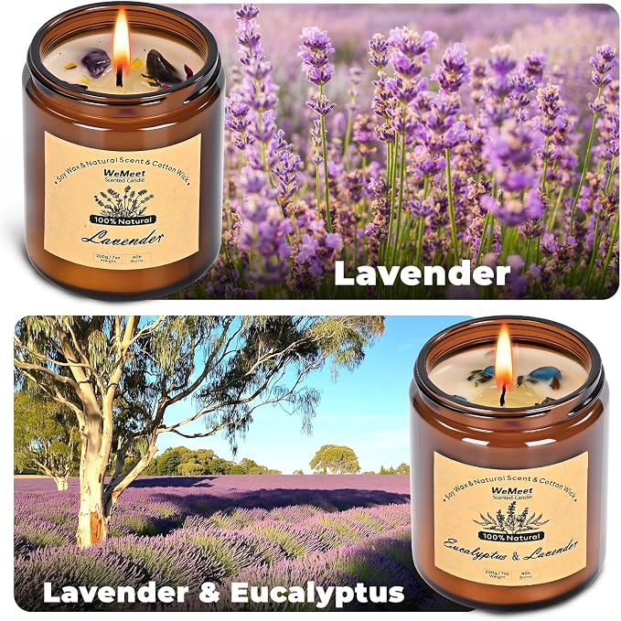 WEMEET 2 Pack Scented Candles Gift Set, Lavender Candles for Home Scented with Crystals 7oz, Eucalyptus Lavenderjar Candle with Dried Flowers, Aromatherapy Candle for Birthday, Mother'S Day, Christmas