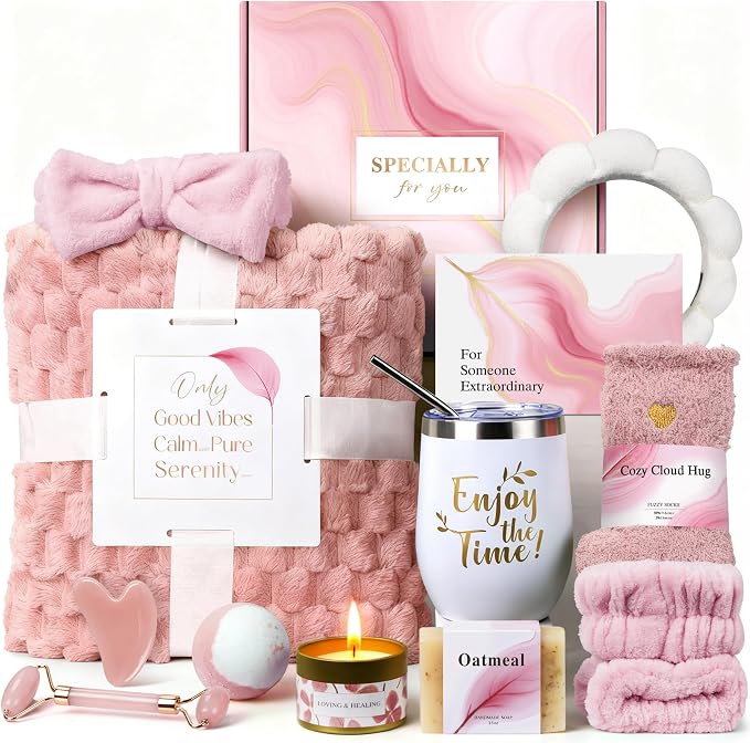 Spa Gift Baskets for Women - Self Care Gifts Kit for Women - Get Well Soon Cozy Relaxation Home Self Care Kits Set Valentine's Day Gifts for Woman Mom Best Friends Sister Wife, Pink