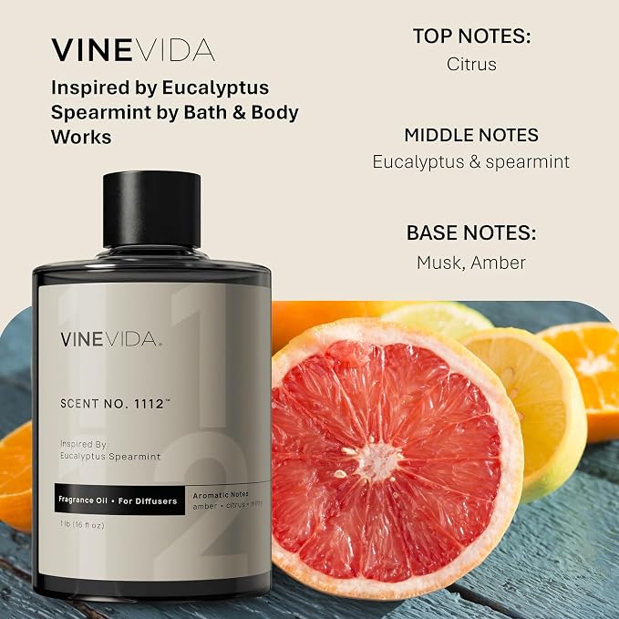 VINEVIDA [16 Fl Oz] Scent NO. 1112 Fragrance Oil for Cold Air Diffusers, Aromatic Notes of Amber Citrus Spearmint, Essential Oils for Diffuser Oil Refill & Air Freshener Room Spray
