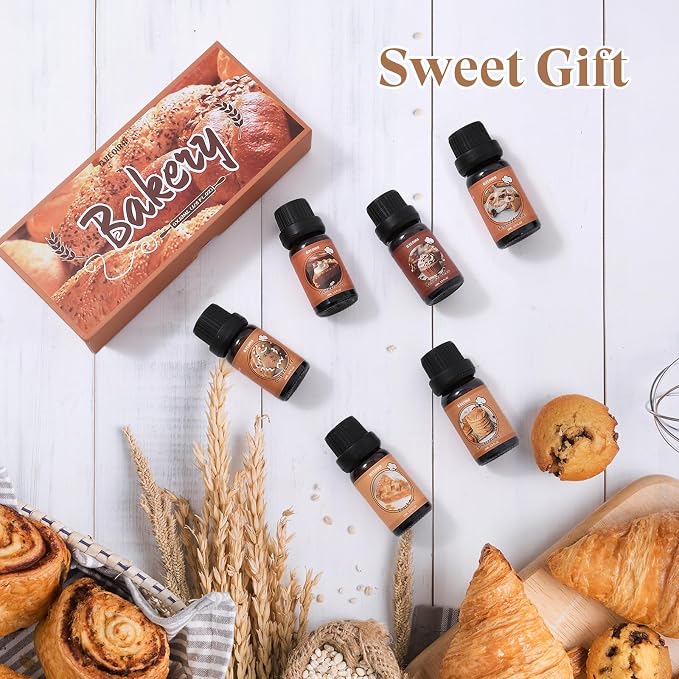 Bakery Fragrance Oils Set, AVEOIRA Sweet Essential Oil Set for Diffuser, Candle, Soap Making Scented Oils, Peach Pie, Pumpkin Pie, Snickerdoodle, Coffee Cake, Sugared Cookies, Gingerbread, 6x10ml