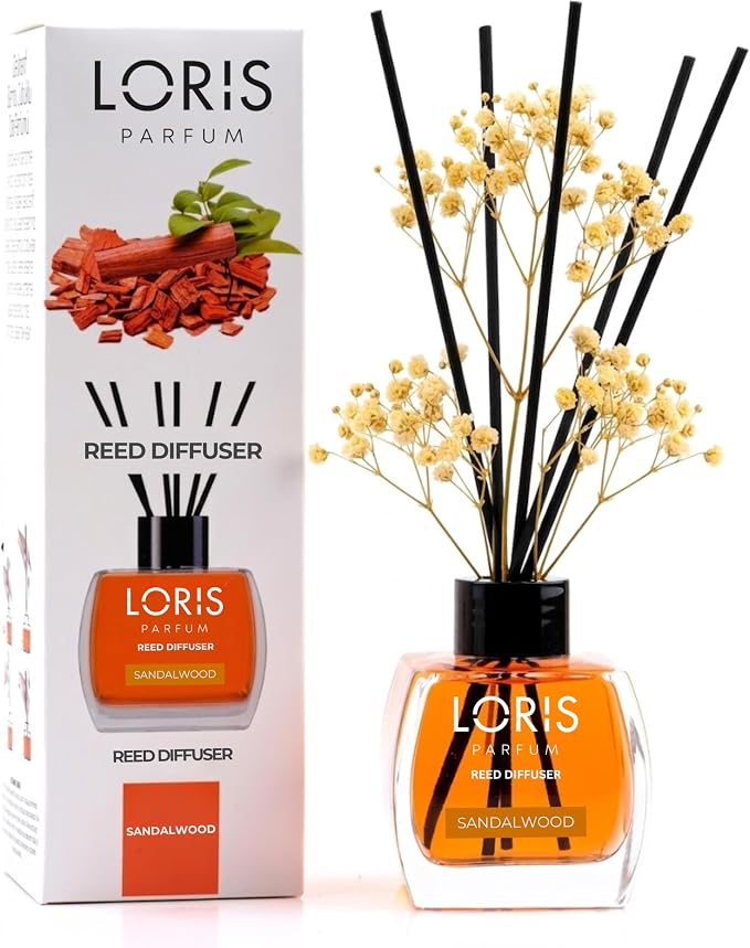 Loris Sandalwood Reed Diffuser Set with Dried Flowers | Reed Diffusers for Home with Sticks | Bathroom Diffuser & Room Scent | Long-Lasting Home Fragrance | 120 mL / 4.06 fl oz