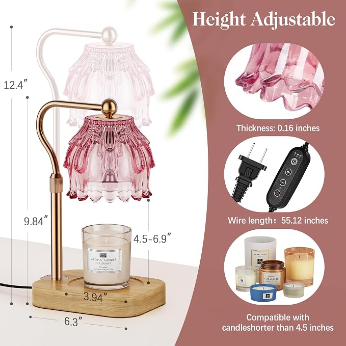 Candle Warmer Lamp with Timer Dimmer, Modern Wax Warmer for Scented Wax Jar Candle Warmer with 2 Bulbs, Adjustable Height Glass Lamp for Gifts for Women, House Warming Gifts, Home Decor, Gold Pink
