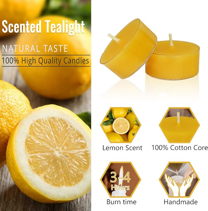 Tea Lights Yellow Tea Candles Set of 24 – Tealight Candles with Lemon Scent, Long Burning Handmade Tealights for Wedding Meditation Home Decor Gift