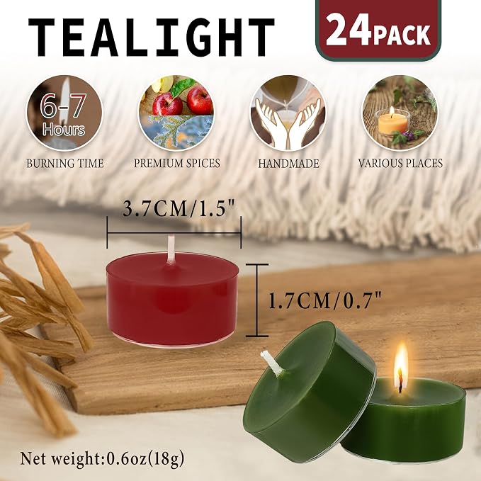 Christmas Scented Tealight Candles Cedar & Apple, Red Green Scent Tea Lights Candles Clear Cup, 24 Pack Colored Tealights Candle, 6 Hour Burn Time Tea Candles for Home Decor