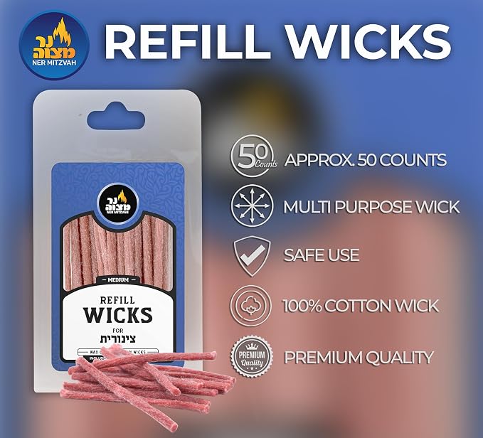 Ner Mitzvah Cotton Refill Wicks for Medium Tzinores Holders, Stand Up Replacement Wicks for Oil Cup Candle Lighting, Multipurpose Use (Pack of 50)