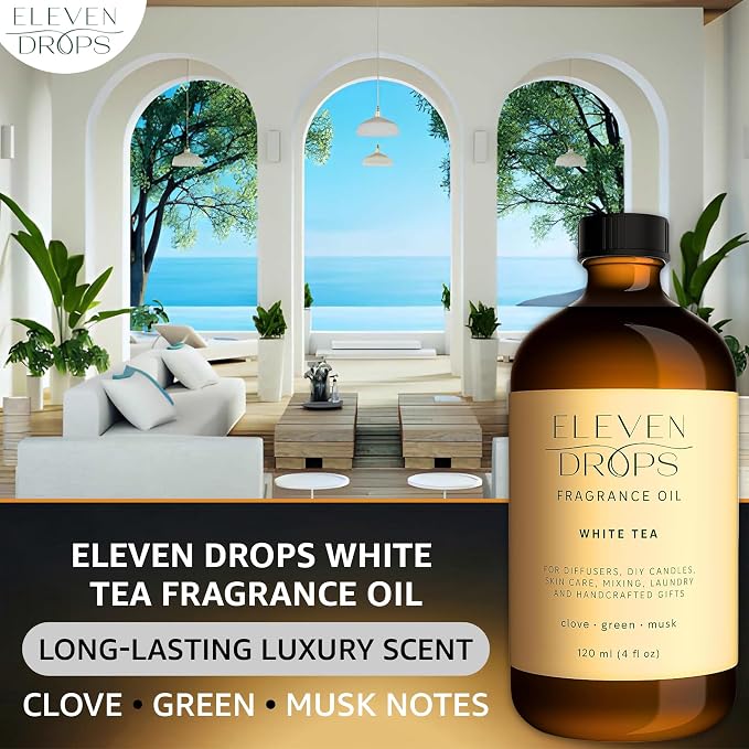 White Tea Fragrance Oil | Clove, Green & Musk Notes | Long Lasting Scent Reed Diffuser Oil for Home, Office, Hotel, Spa, Car & Linen Spray | Pet Friendly IFRA Compliant, 4 oz