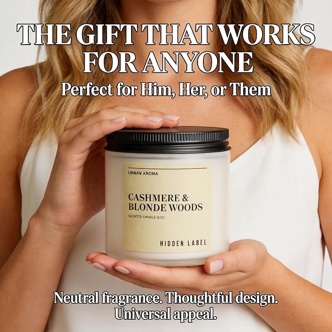 Hidden Label Cashmere Blonde Woods Soy Candle, 12oz 2-Wick, 70H Cozy | Non-Toxic Natural Wax, Paraben & Phthalate-Free, Clean Burn | Gender-Neutral Gift & Elegant Decor | Stress Relief & Grounding