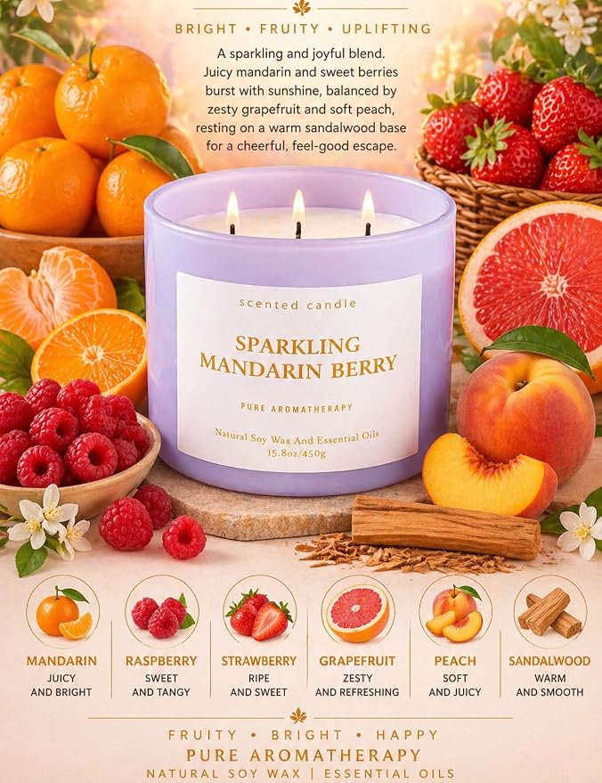 Sparkling Mandarin Berry 3-Wick Soy Summer Scented Candle for Home, 15.8oz | Grapefruit, Peach, Raspberry & Strawberry Notes, Fresh Citrus, Clean Burn, Bright Uplifting Scent, Gift for Women & Men