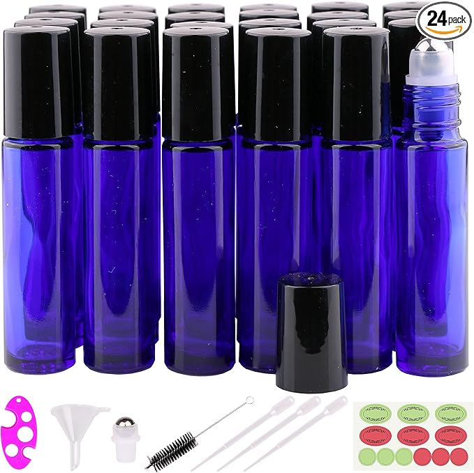 inice 24 Pack,10ml Roller Bottles for Essential Oils Cobalt Blue Glass Stainless Steel Roll On Ball Bottles for Travel