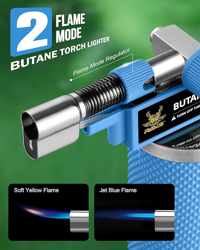RAVS DUAL Flame Mode Butane Torch, Refillable Kitchen Torch Lighter for Creme Brulee, BBQ, DIY Soldering with Adjustable Flame & Safety Buckle, Metal Body, Blue Soldering Torch, Butane is Not Included