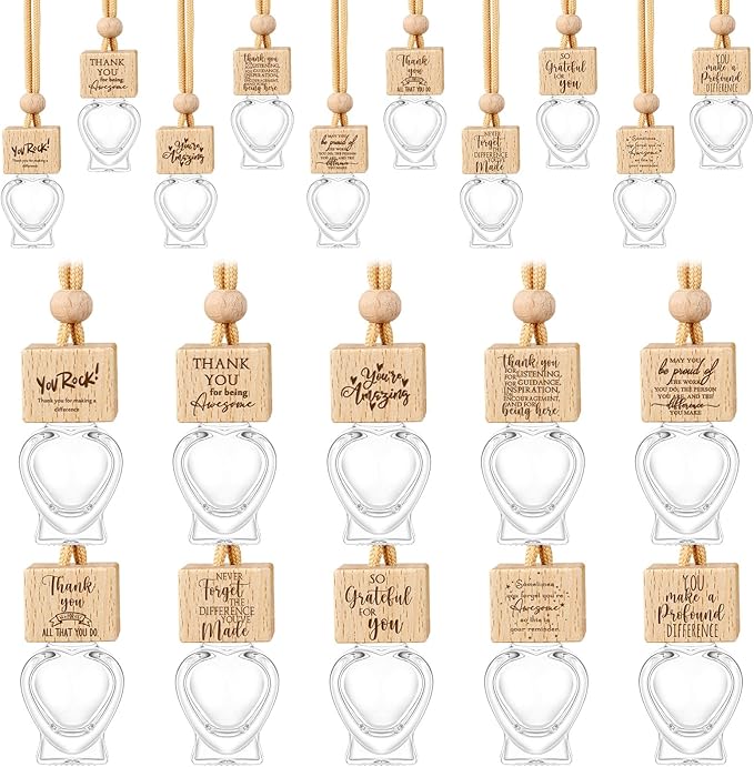 Funnymoom 30 Pcs Car Diffuser Air Freshener Gift Bulk Ornament Hanging Empty Glass Essential Oil Bottle Employee Appreciation Coworkers Volunteer Staff Thank You Gifts (Heart)