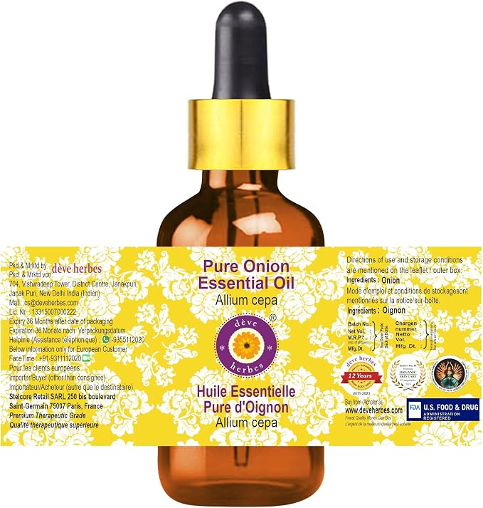 Deve Herbes Pure Onion Essential Oil (Allium cepa) with Glass Dropper Steam Distilled 15ml (0.50 oz)