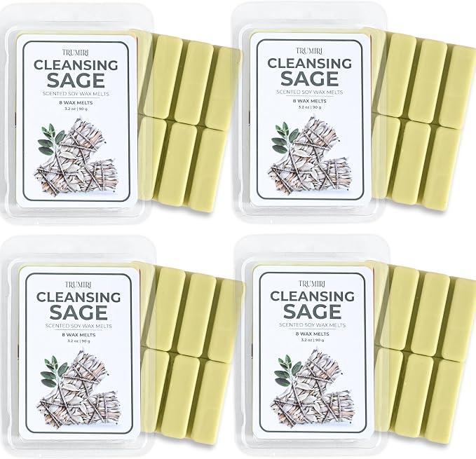 Cleansing Sage Scented Wax Melts - Made With Non Toxic Soy Wax And Essential Oils - Long Lasting Strong Scent Pet Safe Candle Wax Cubes Tarts For Warmers Pack Of 4 - For Cleansing Negative Energy