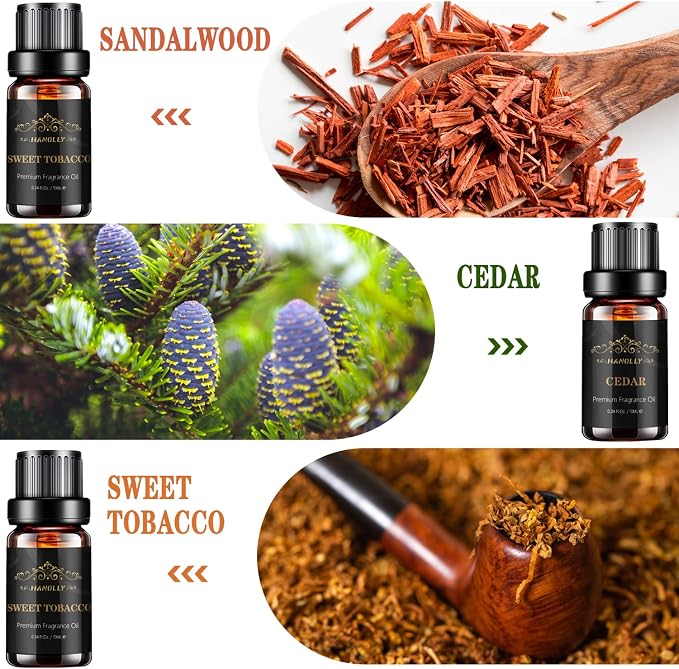 Essential Oils Set, Men Scents Fragrance Oil Aromatherapy Essential Oils Kit for Diffuser (6x10ML) - Sandalwood, Cedar, Leather, Sweet Tobacco, Rum, Cologne Aromatherapy Oil Gift for Men