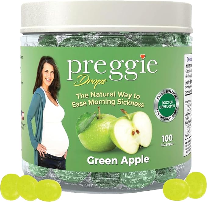 Three Lollies Preggie Drops Pregnancy Nausea Relief Drops with Essential Oils, Morning Sickness and Queasy Stomach Support for Pregnant Women, Green Apple, 100 Count