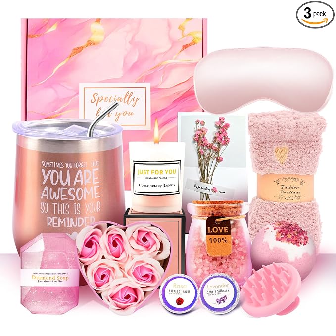 12 Piece Spa Gifts Set for Women, Self Care Gift Basket for Mom Wife Her, Relaxing Gifts with Eye Mask, Water Bottle, Bath Bombs, Aromatherapy for Valentines Day, Birthday, Christmas (Rose)