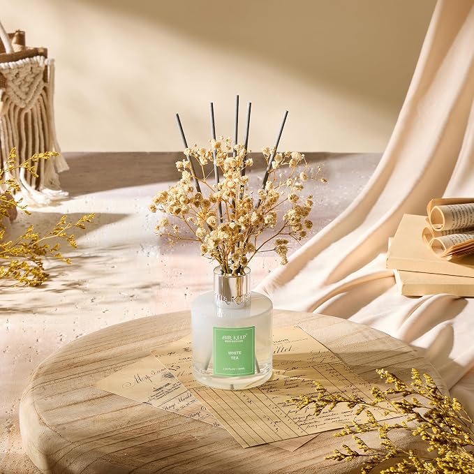 Airkeep Reed Diffuser Set,3.38 fl oz (100 ml) - White Tea Oil Diffusers with 8 Reed Sticks, Home Fragrance Reed Diffuser for Bathroom Shelf Decor
