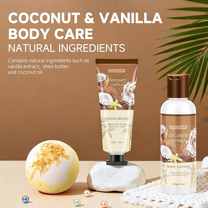 Gifts for Women Happy Birthday Gift Baskets, Bath and Body Gift Set Mothers Day Gifts, Vanilla Coconut Relaxing Home Spa Set Self Care Gift for Mom Sister Her Wife Grandma Girlfriend Friends