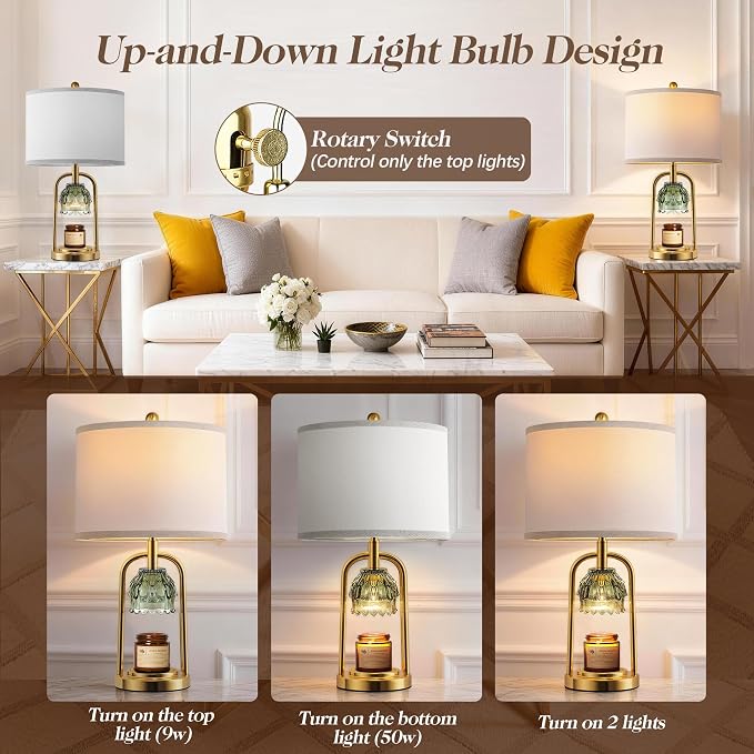QiMH Candle Warmer Lamp with Timer Dimmer, Modern Table Lamp Wax Warmer for Scented Wax Jar, Glass Lamp Candle Warmer with 2 Bulbs, Women Gifts, House Warming Gifts, Home Decor, Brushed Gold Green
