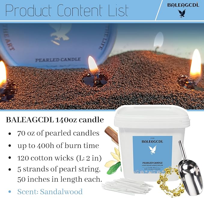 Monsoon Wood Pearled Candle 70 oz/4.3 lb with 120 Wicks - Sandalwood Scented Sand Candles Black Refillable Wax Lasts Up to 400 Hours Smooth and Clean Burning for Candle Making DIY