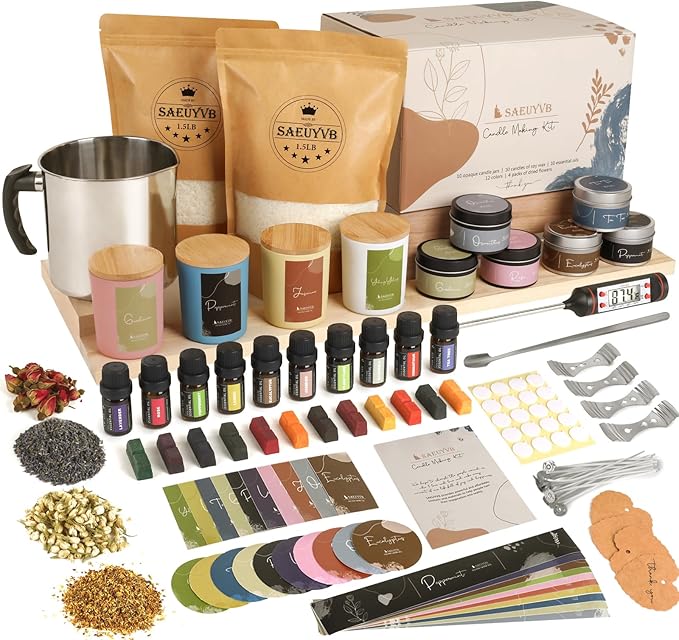 SAEUYVB Candle Making Kit - DIY Starter Soy Candle Making Supplies/Kit - Soy Wax, 10 Jars & Tins, 10 Pleasant Scents, Color Dyes & More，Perfect Candle Making Kit for Adults