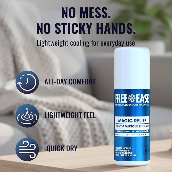 FREE EASE Magic Relief Roller - Light Solution, Roll On Gel for Muscle Recovery, Joint, Back, Shoulder, Knee & Neck Support, Fast Acting Menthol Topical Gel Roll On - Made in USA