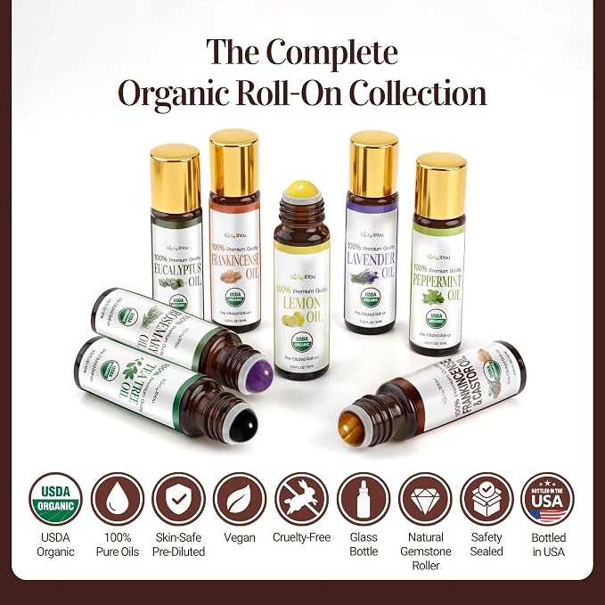 Castor Oil Frankincense Essential Oil Roll On for Face Eyebrows Under Eye - 100% Pure USDA Organic MCT Coconut - Dark Circles Fine Lines Facial Skin Care Serum - Gemstone Roller 10ml Travel Size