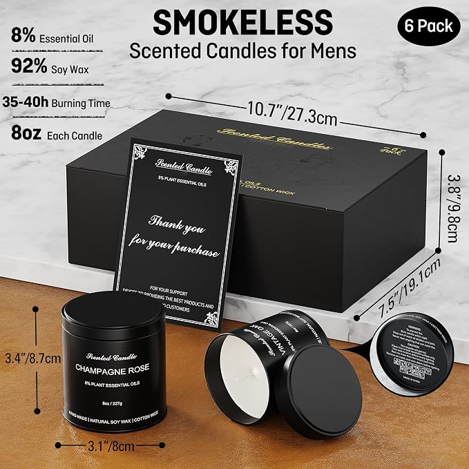 Luxury Scented Candles for Men Gift Set - 6 Pack x 8oz Natural Soy Wax Candles, Masculine Aromatherapy Candles with Essential Oils, Long Lasting Strong Scented Candles for Home, Father's Gifts