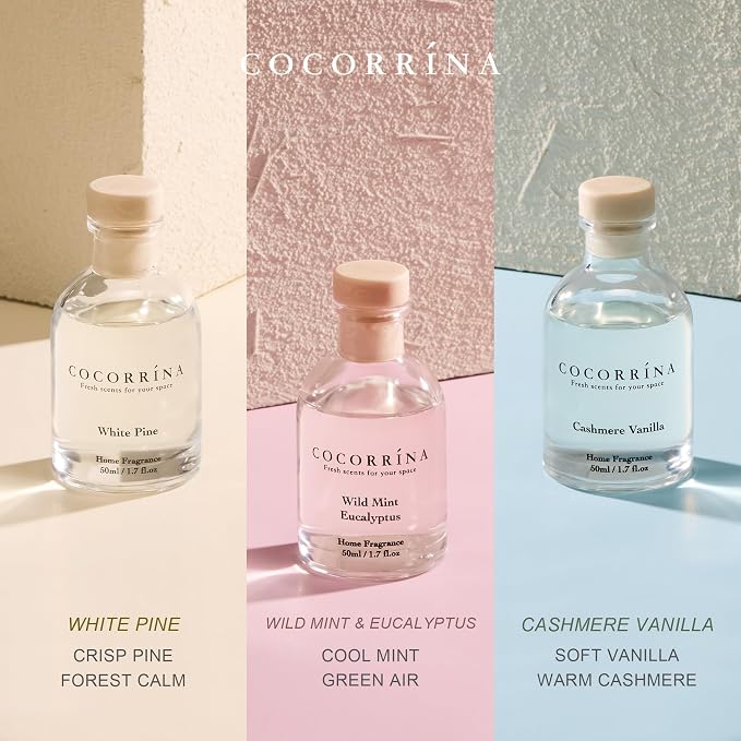 COCORRÍNA Eucalyptus Reed Diffuser Set of 3 - Wild Mint & Eucalyptus, White Pine, Cashmere Vanilla Scents, 1.7 fl oz Each, Total 5.1 oz, Scented Oil Diffusers for Home & Office
