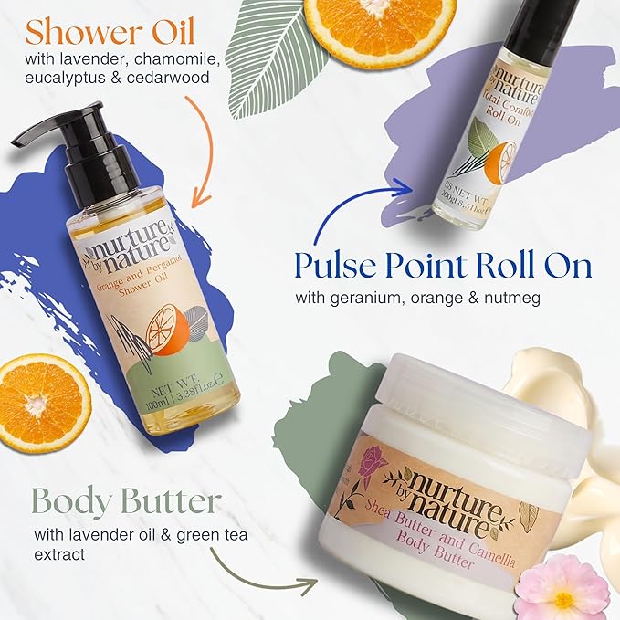Nurture by Nature New Mom Self Care Gift Set with Body Scrub, Lavender Pillow Spray, Sleep Mask, Body Butter, Shower Gel & Bath Salts - Vegan Friendly - Stocking Stuffer, Baby Shower Gift Basket