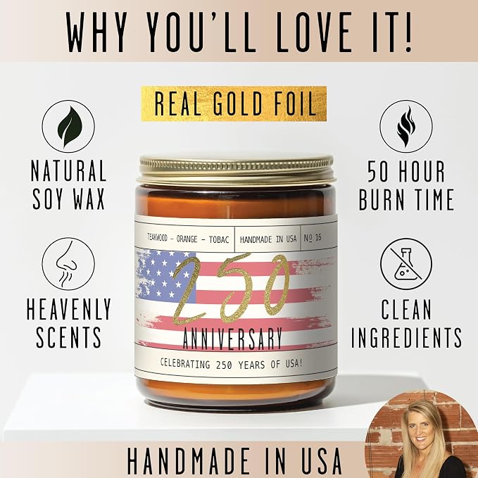 250 Anniversary USA Merchandise Women Patriotic Candles -w/Teakwood, Tobacco, Orange - 4th of July Candles Gifts for Women I Red White and Blue Candle I America 250 Merchandise I50Hr Burn Made in USA