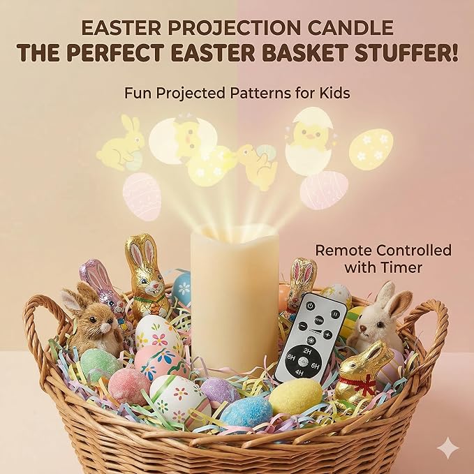 XingsLight Easter Decorations Flameless Candle Projector – LED Pillar Candle with Bunny, Chick & Egg Projection Lights |Remote Control & Timer, Easter Basket Stuffer Gift