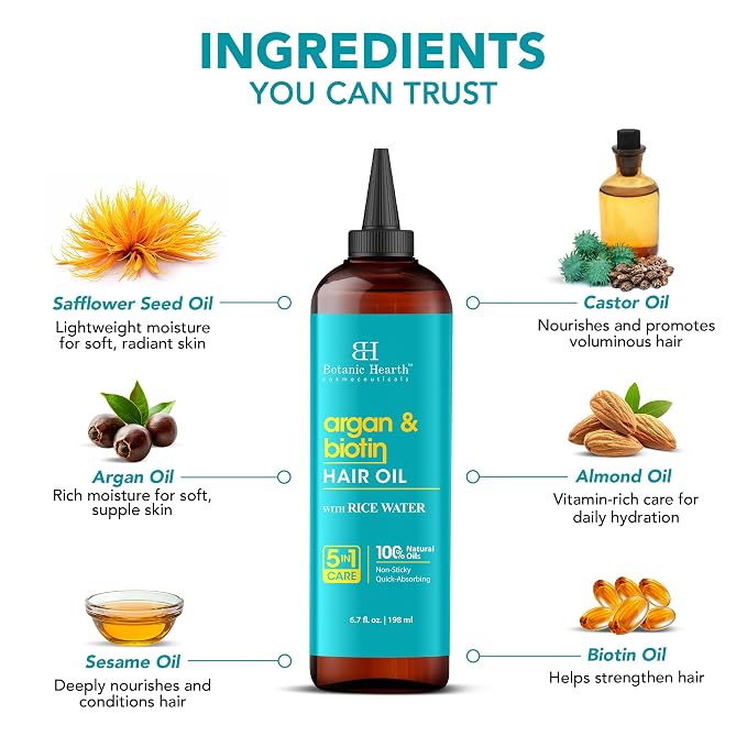 Botanic Hearth 100% Pure Argan & Biotin Oil For Hair Growth & Hair Treatment Oils 6.7 Fl oz | Infused with coconut Oil | Hair Oil Repairs Dry Damaged Hair, Strengthening, Healthier | All Hair Types