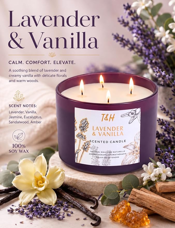 Lavender Vanilla Candle | 4 Wick Extra Large Scented Soy Candles 20 oz | Highly Scented Aromatherapy Lavender Candle for Women | Relaxing Stress Relief Home Scent | Long Lasting Clean Burn