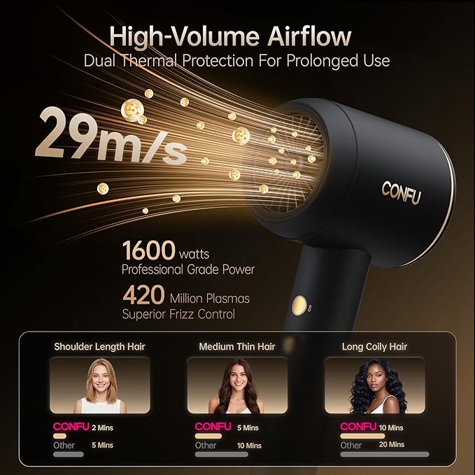 CONFU Diffuser Blow Hair Dryer - 420 Million Plasma Blowdryers for Curly/Fine/Thick/Frizzy Hair - Professional 1600 Watt Ionic Hairdryers Handheld Lightweight (Black)