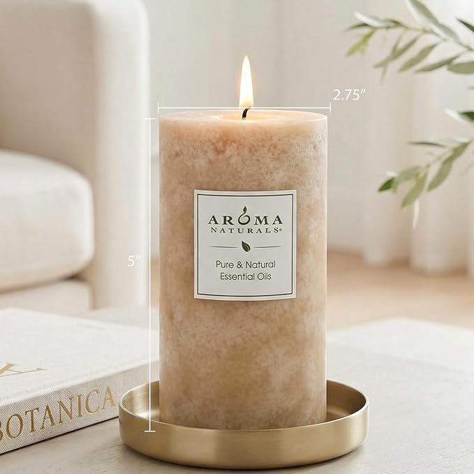 Aroma Naturals Ginger and Clove Essential Oil Beige Scented Pillar Candle, Earth, 2.75 inch x 5 inch