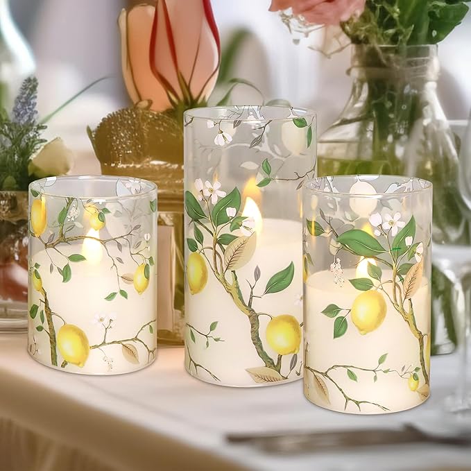 Flameless LED Candles with Remote Lemon Decal Glass Flickering Battery Operated Candles for Home Room Party Wedding Holiday Christmas Valentine's Day Decor - Set of 3