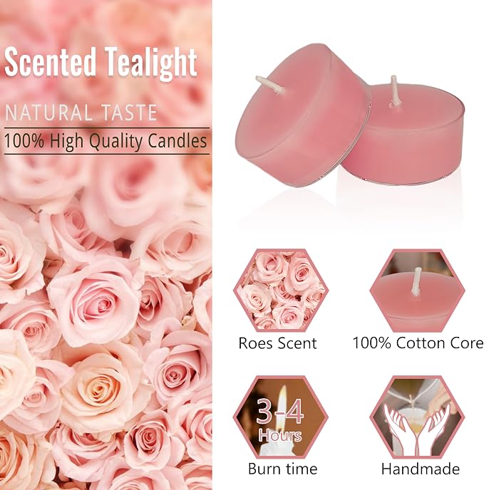 Dusty Pink Tea Lights Set of 24, Rose Scented Tealight Candles, Handmade Tea Candles, Long Burning Tealights for Romantic Wedding Home Decor Gift