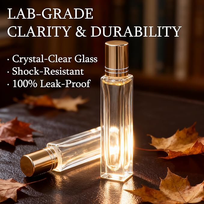Roller Bottles for Essential Oils 4 pack, 10 ml Refillable Leak-Proof Glass Rollerball Bottles with Stainless Steel Balls & Golden Caps - for DIY Aromatherapy, Travel Perfume, Relief Blends & Skincare