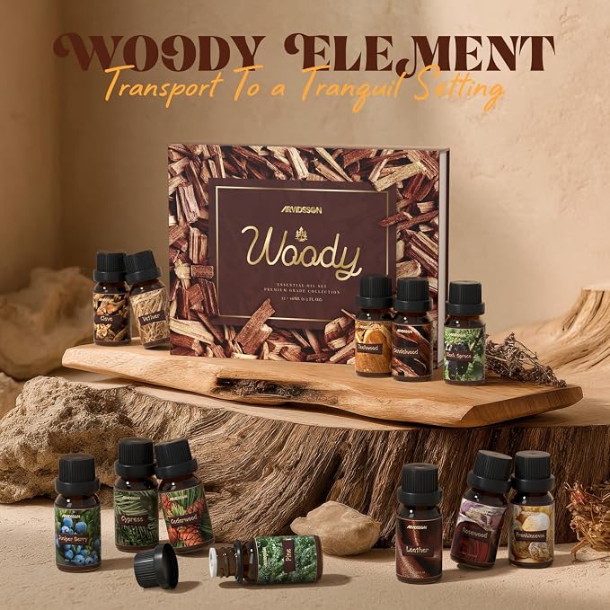 ARVIDSSON Woody Essential Oils Set, Wood Fragrance Oils Gift Set, 12 x 10ml Woodsy Essential Oil for Diffuser - Cedarwood, Sandalwood, Pine, Cypress, Frankincense, Juniper Berry, Clove and More