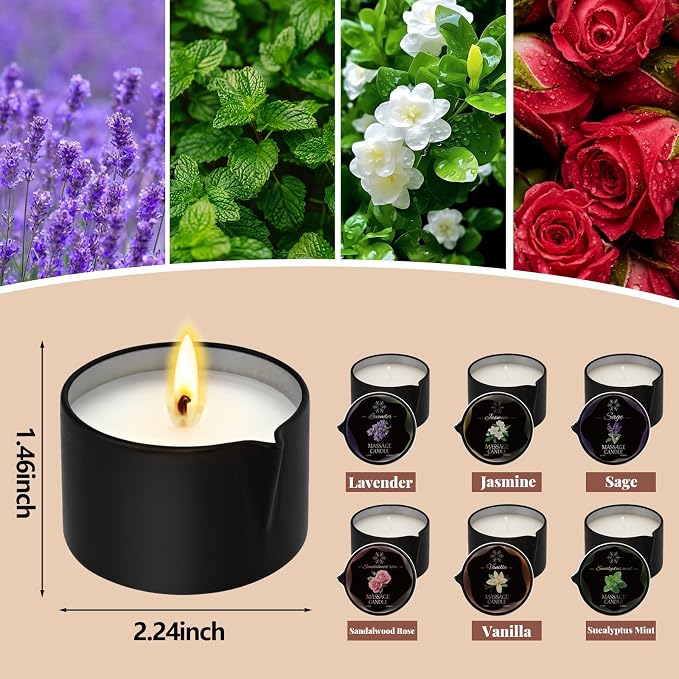 6 Pack Massage Candle Set, Assorted Scented Massage Oil Candle, Low Temperature Soy Wax Massage Oil Candles for Skin Moisturizing, Home Spa, Relaxation, Self-Care