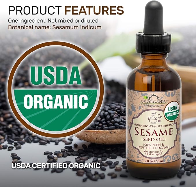 US Organic Sesame Seed Oil, USDA Certified Organic, Untoasted, Unrefined Virgin, 100% Pure & Natural, Cold Pressed, in Amber Glass Bottle w/Glass Eye dropper, Sourced from Mexico (4 oz (Large))