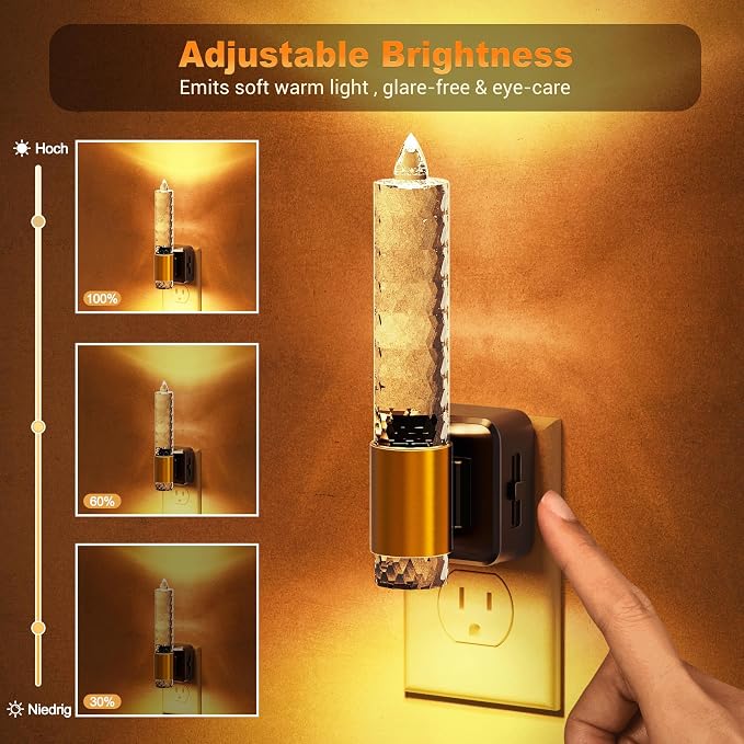 JandCase Night Light, Flameless Candle Amber Night Lights Plug into Wall, Auto On/Off Light Sensor LED Crystal Dimmable Nightlight, 0-100LM Decorative nite Light for Adults Bathroom Hallway, 1Pack