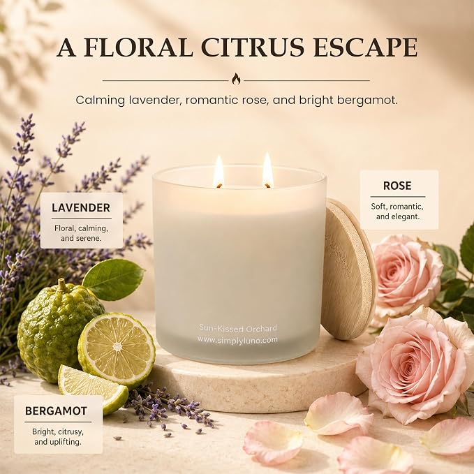 Sun-Kissed Orchard – Lavender & Rose Scented Candle Large 14oz Soy Wax– Eco Friendly & Long Lasting – 50+ Hour Burn – Reusable Jar & Bamboo Lid – Luxury Gift Box for Women