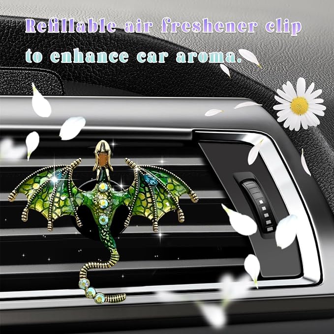 2PCS Bling Wyvern Car Air Freshener Vent Clips, Alloy Enamel Dragon Auto Outlet Clips with Fragrance Tablets, Refillable Cute Flying Dragon Crystal Vent Clip Aroma Diffuser (Green)