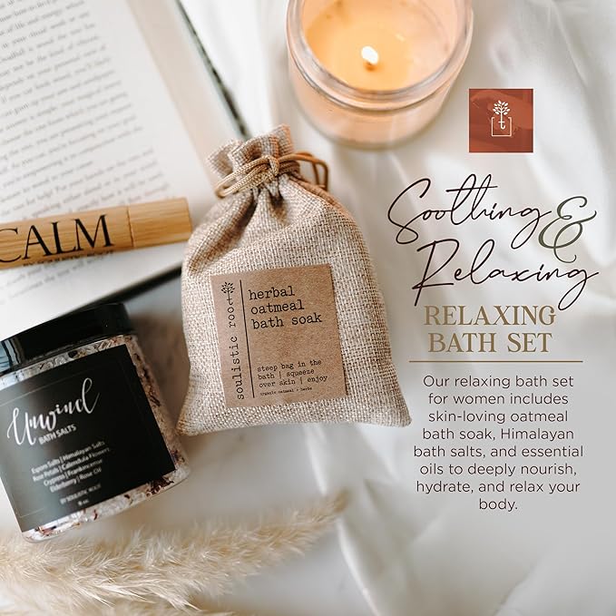 SOULISTIC ROOT Revitalizing Bath Gift - Premium Self-Care Bath & Body Set with Lavender Oatmeal Soak, Tranquil Essential Oil Roller, Epsom Salt Soak, Home Spa Kit, Ready-to-Gift Box
