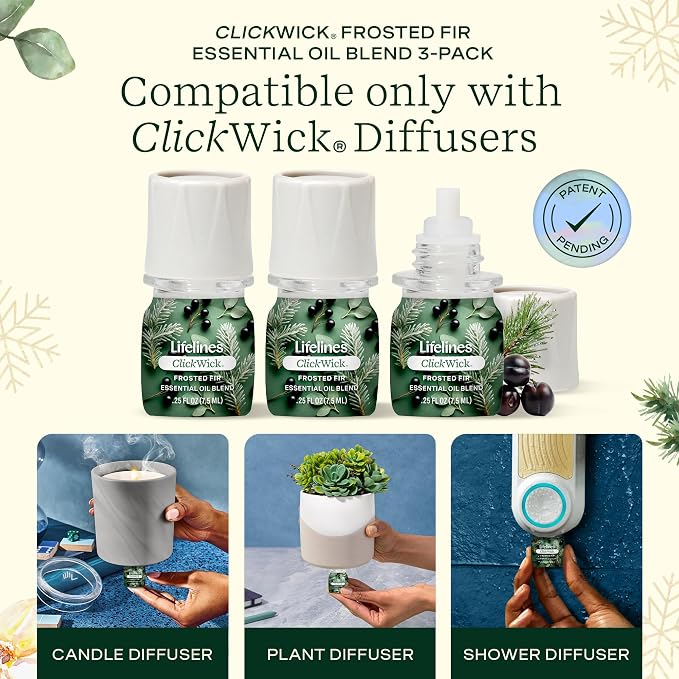 Lifelines ClickWick Essential Oil Blends for Lifelines Diffusers, 3-Pack Frosted Fir Set – Essential Oil Blend Refill for Candle, Plant & Shower Aromatherapy Diffuser – Fragrance for Diffusers